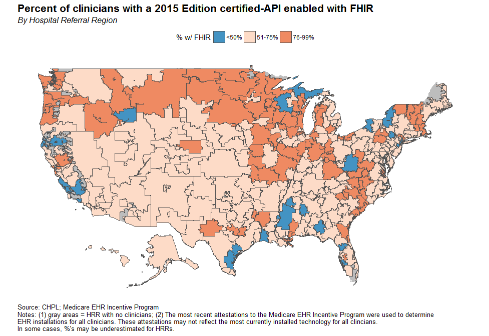 US map showing percent of clinicians with a 2015 Edition certified-API enabled with FHIR