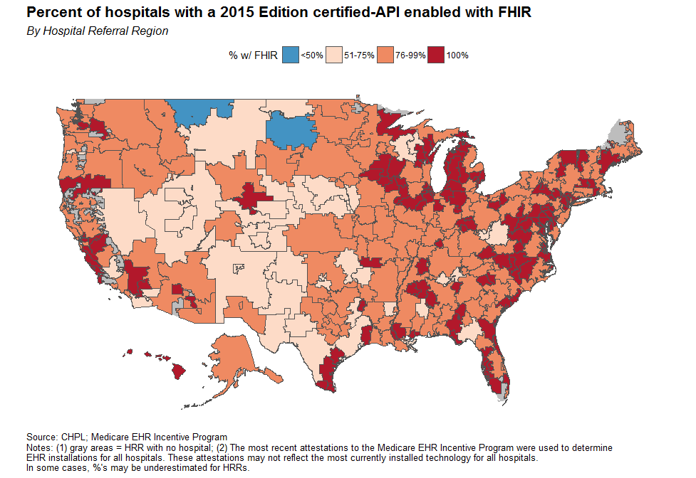 US map showing percent of hospitals with a 2015 Edition certified-API enabled with FHIR