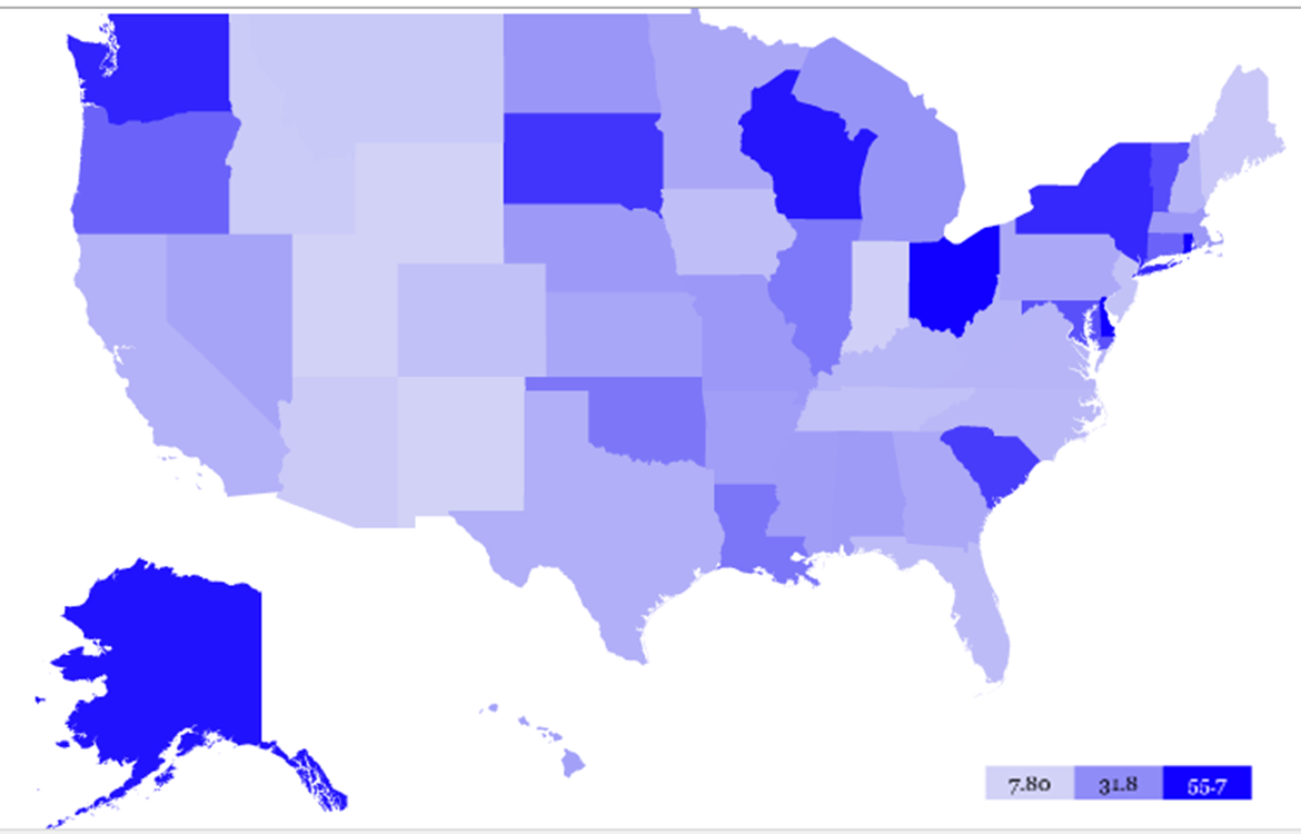Map Showing PDMP Use throughout the US