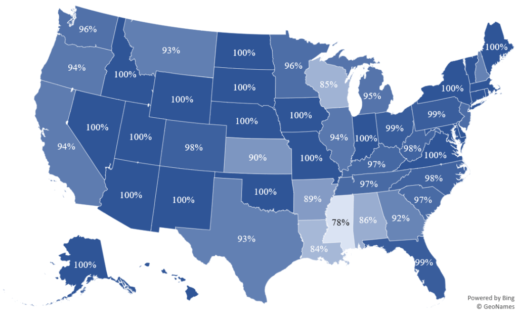 igure 1: Percent of non-federal acute care hospitals enabled for EPCS by state, 2021.