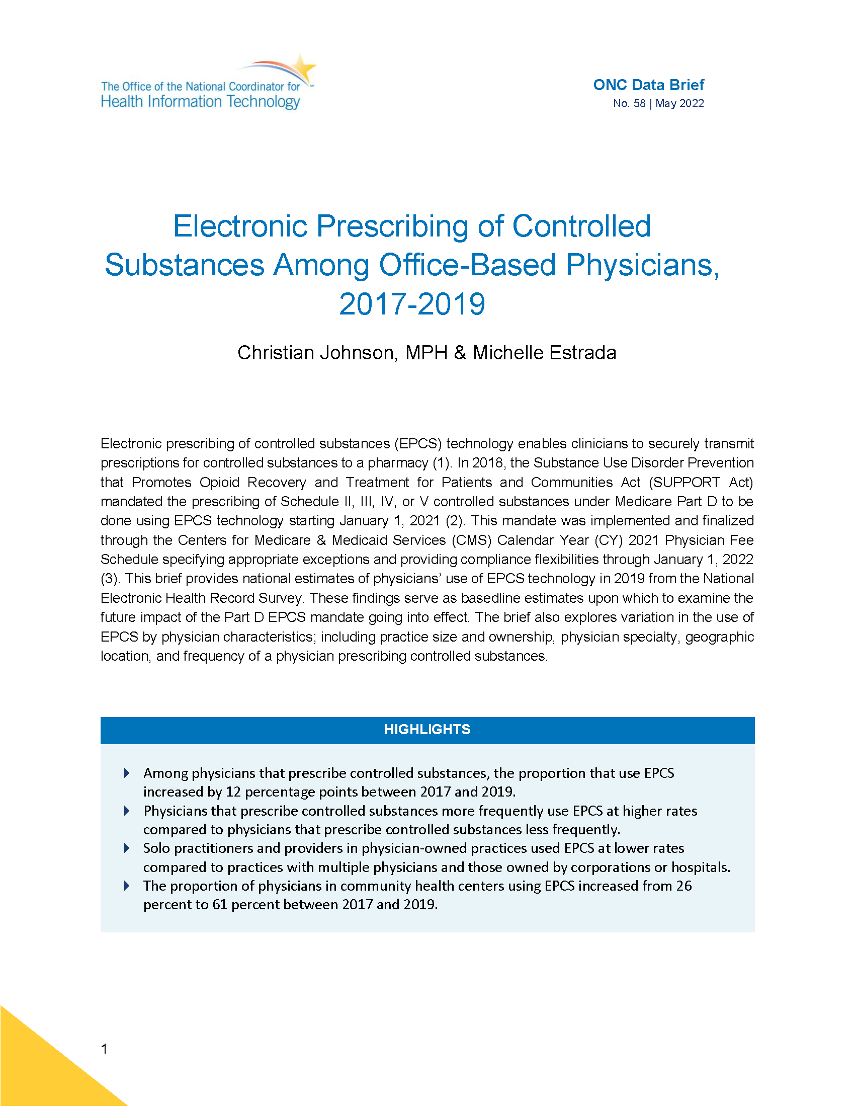 Electronic Prescribing of Controlled Substances Among Office-Based Physicians, 2017-2019