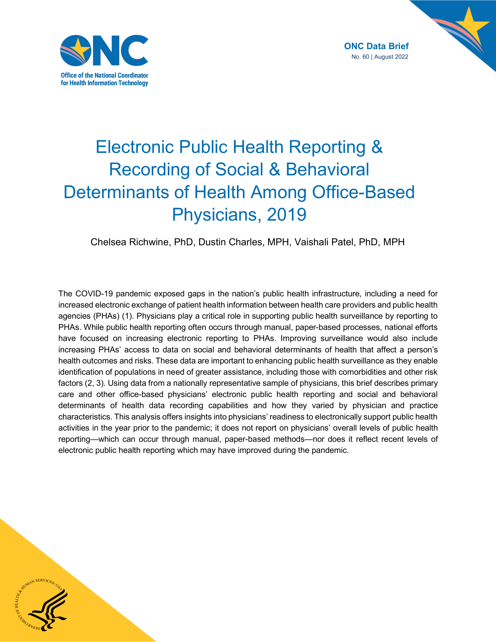 Electronic Public Health Reporting & Recording of Social & Behavioral Determinants of Health Among Office-Based Physicians, 2019