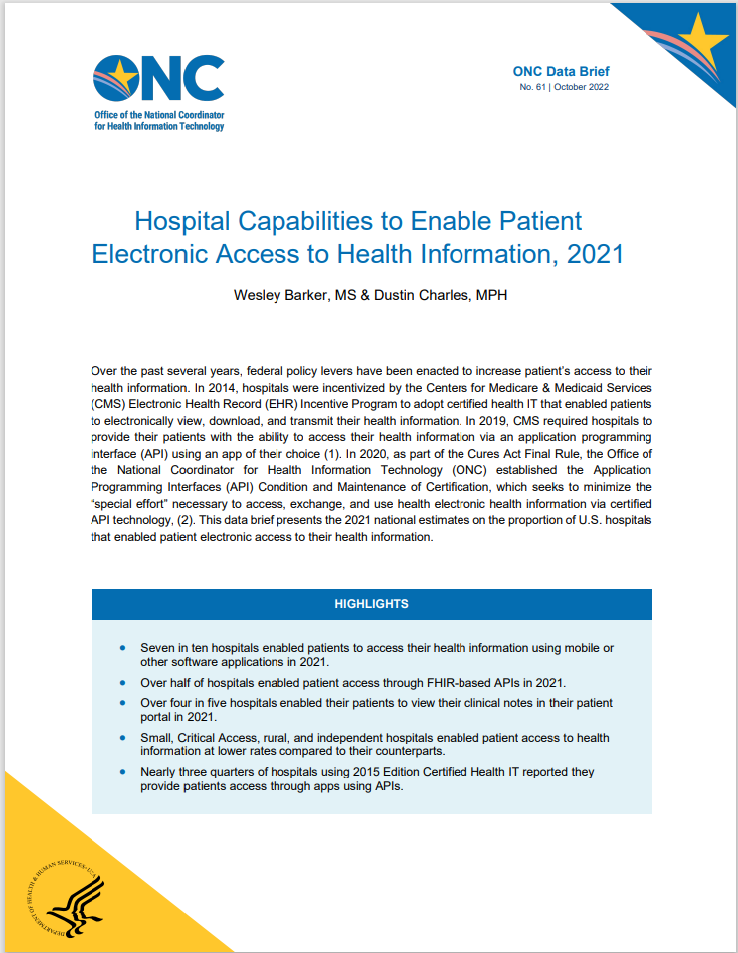 Hospital Capabilities to Enable Patient Electronic Access to Health Information 2021 ONC Data Brief