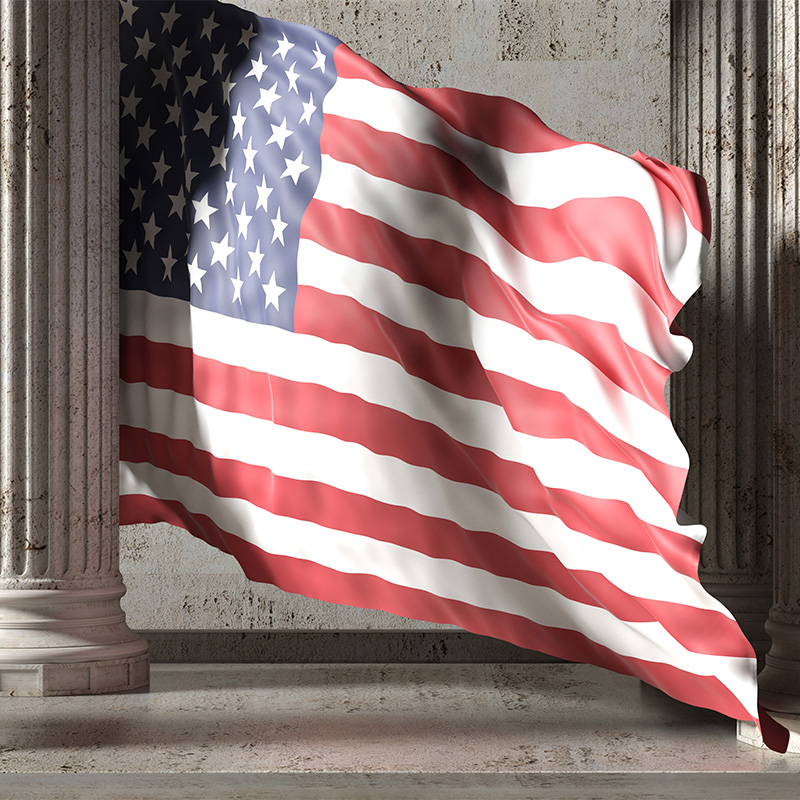 Photo of a US flag and government building